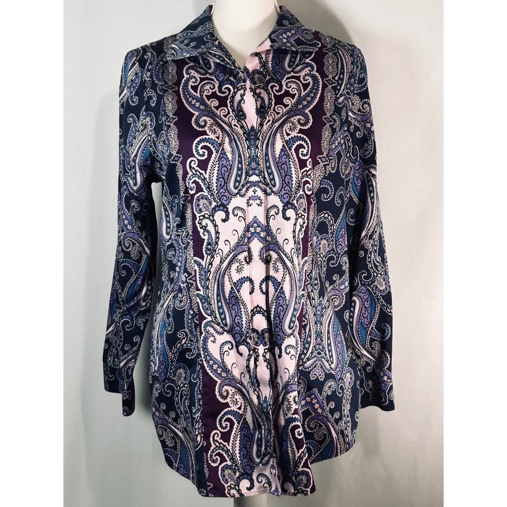 Navy Purple Paisley Long Sleeve Button Down Blouse Top Women